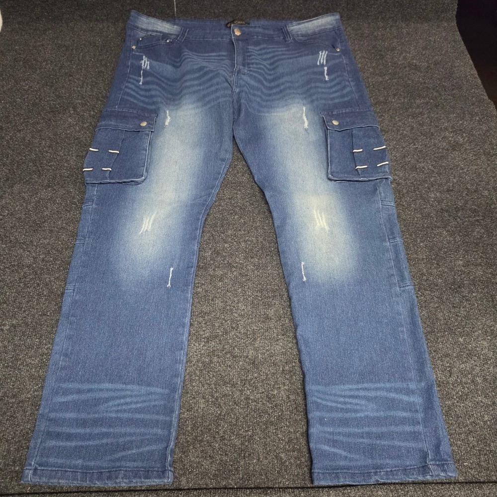 Rocawear Mens Stretch Cargo Jeans 46x32 Medium Wash Distressed Denim Streetwear